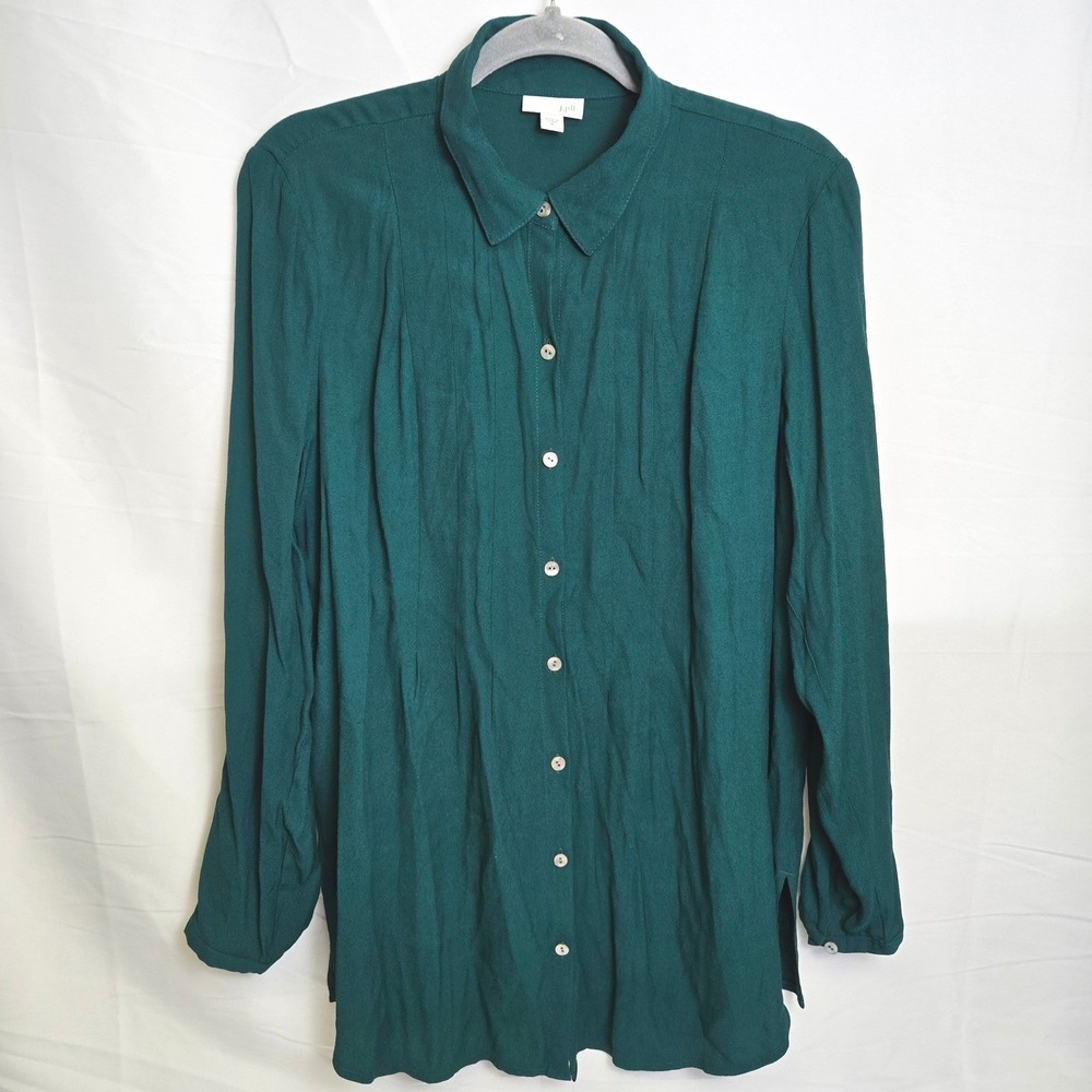 J. Jill Rayon Long Sleeve Pleated Button Down Tunic Blouse,‎ Office, Green, Med